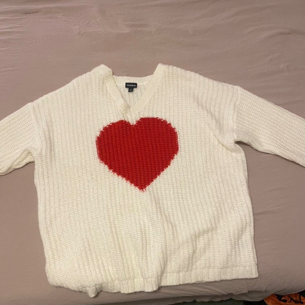 torrid Cream V-Neck Sweater with Red Heart Center